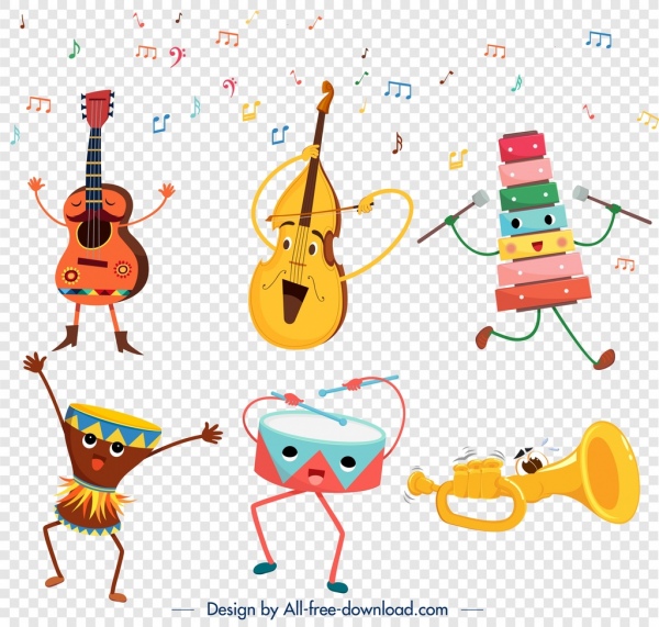 nette Musik-Instrument-Ikonen stilisiert Comic-Figuren