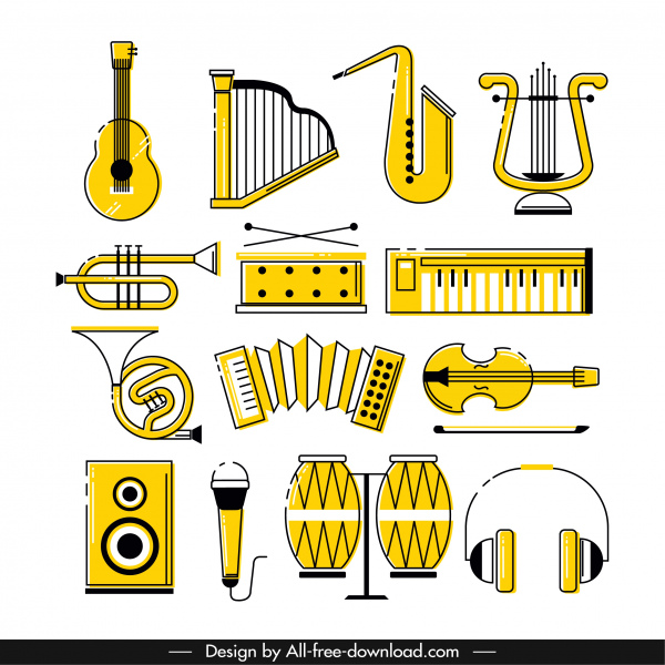 Instruments de musique icônes classique jaune croquis
