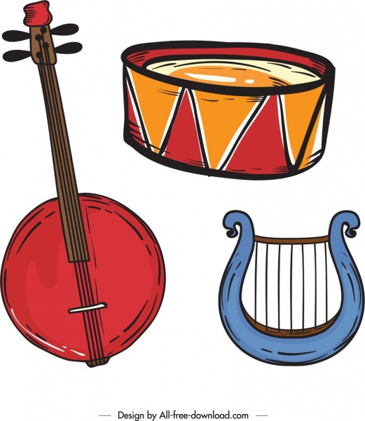 instrumentos musicales iconos de diseño clásico coloreado