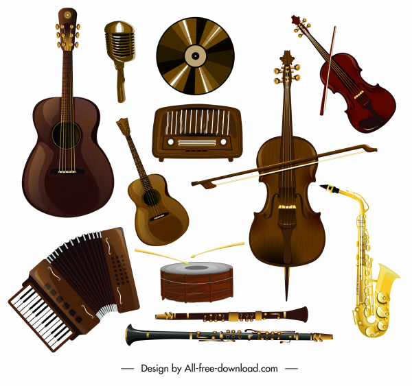 musik instrumen ikon berwarna datar 3d sketsa