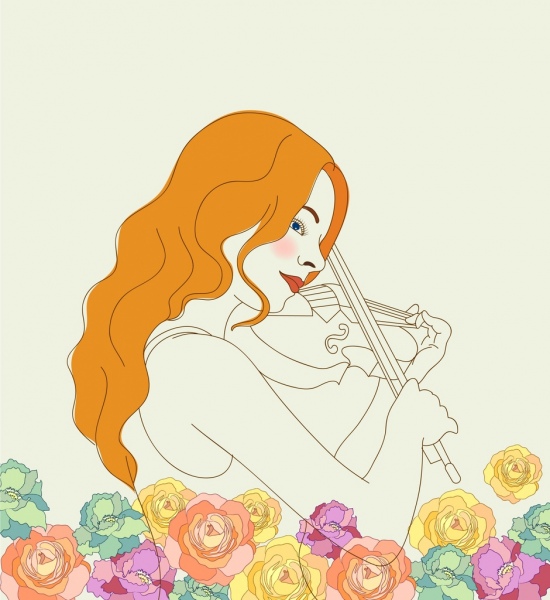 音乐画女小提琴手图标素描玫瑰装饰