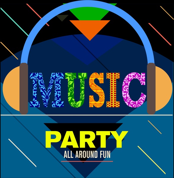 musik pesta banner kata-kata berwarna-warni dan simbol headphone