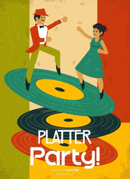 música festa banner dançarinos ícones de disco design retro