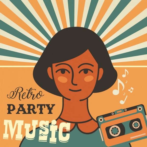 música festa banner menina ícones de design retro