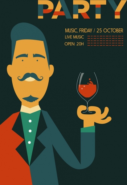 Musik Party Plakat männlichen Winelgass Symbol Cartoon Charakter