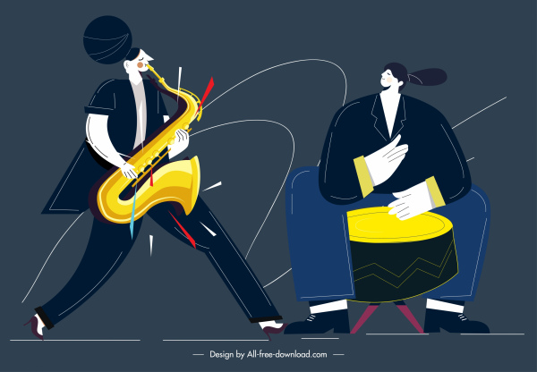 nghệ sĩ biểu tượng âm nhạc trumpet tay trống phác họa thiết kế phim hoạt hình