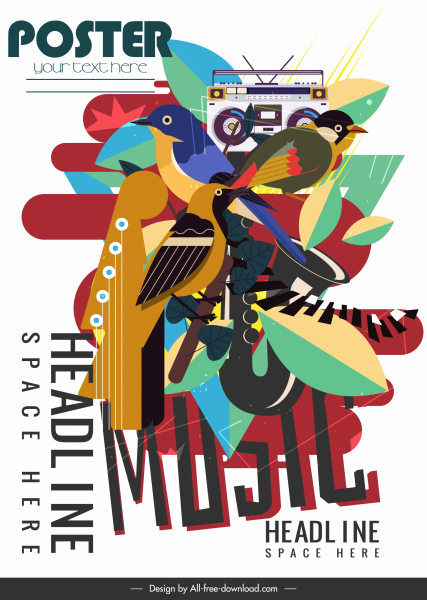 音乐海报五颜六色的经典涂鸦装饰鸟图标