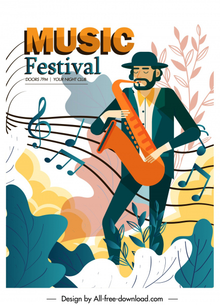 cartel de música plantilla saxofonista notas sketch colorido clásico