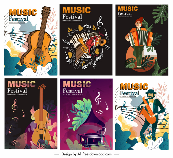 музыкальный плакат шаблоны классических красочных инструментов игроков декора