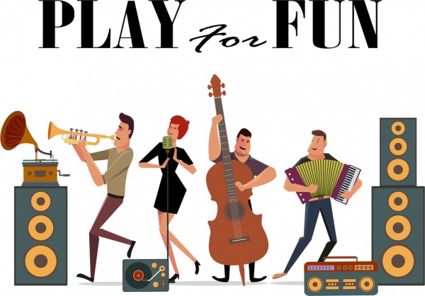 Musica cartel de diversos instrumentos cantantes los iconos de diseño de dibujos animados