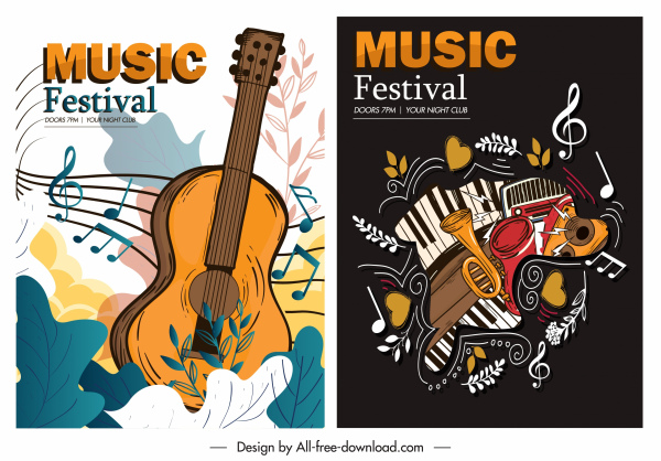 carteles de música plantillas coloridos instrumentos de decoración retro sketch