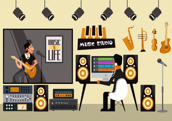 Musik-Studio Hintergrund Männer Instrumente Ikonen Cartoon-Design