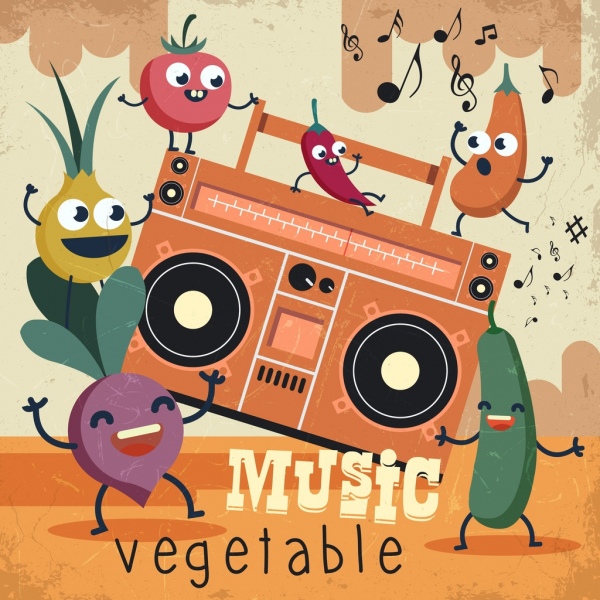 légumes de la musique de fond icônes stylisées design rétro