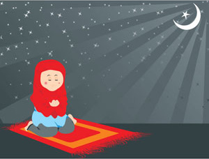 Мусульманская девочка, молясь под Ид Мубарак Луны