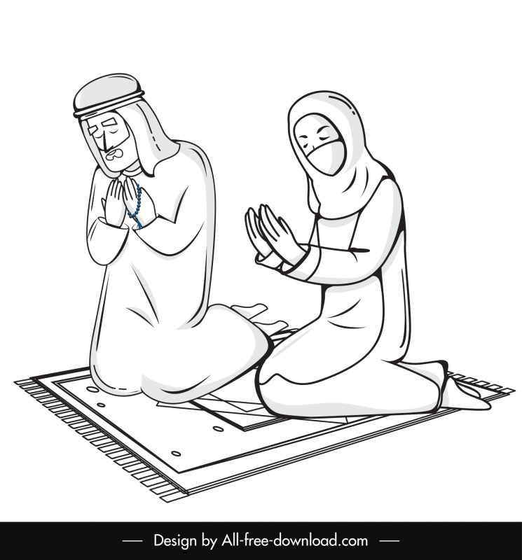 Pueblo musulmán rezando iconos blanco negro dibujado a mano