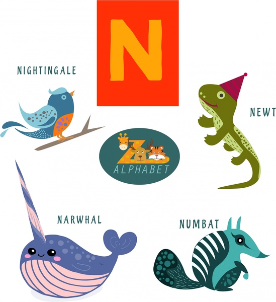 N Letter Design With Colored Flat Style Animals-vector Abstract-free Vector  Free Download