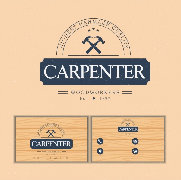 nome carta modello carpentiere logotipo in legno sullo sfondo