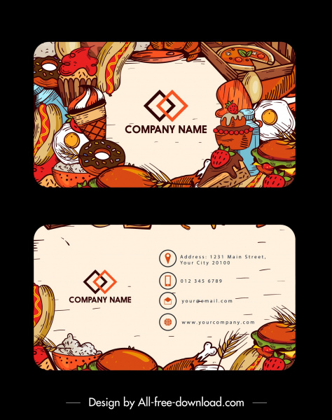 template kartu nama tema makanan cepat saji retro berwarna-warni