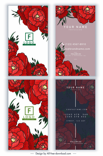 名前カード テンプレート赤いバラの装飾のクラシックなデザイン