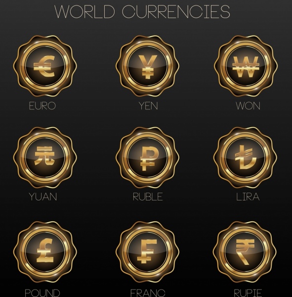 Nationen Währung Symbole glänzend gelben Kreis design