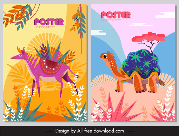 hewan alami poster desain warna-warni rusa penyu sketsa