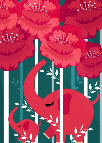 fondo naturale rosso fiori icone di elefanti