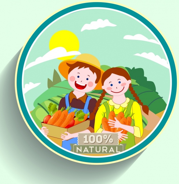 Zanahoria natural etiqueta joven agricultor multicolor de dibujos animados Iconos