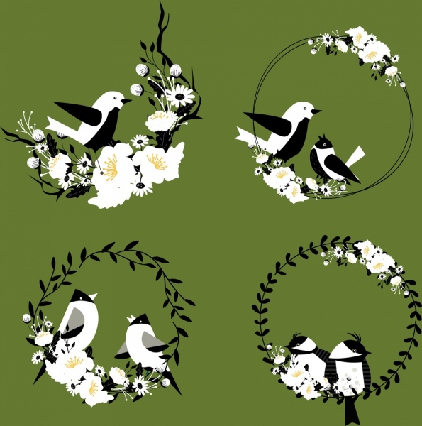 الطيور عناصر التصميم الزخرفي الطبيعية الزهور الرموز إكليلا من الزهور