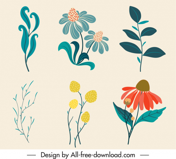 elementos de design natural colorido clássico folha de flores desenhadas à mão