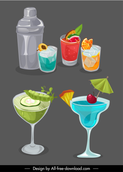 natürliche Getränke Icons Cocktails Skizze handgezeichnet retro