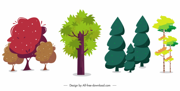 elementos naturais ícones árvores esboçar design clássico colorido