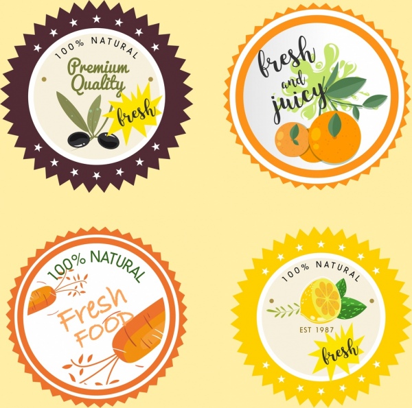 Шаблоны этикеток для натуральных продуктов питания Цветной зубчатый дизайн