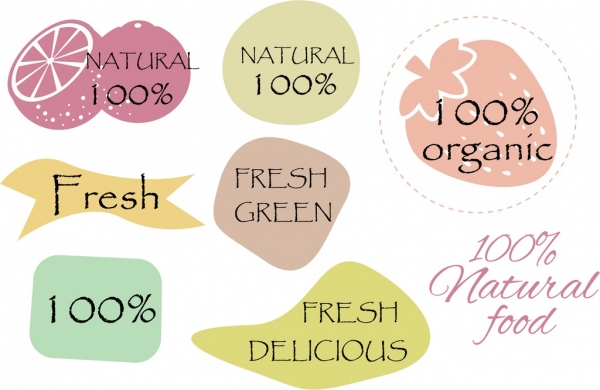 Colección de varios colores naturales de las etiquetas de los alimentos en forma de iconos de plana