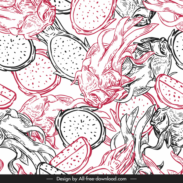 patrón de comida natural boceto de fruta del dragón clásico dibujado a mano