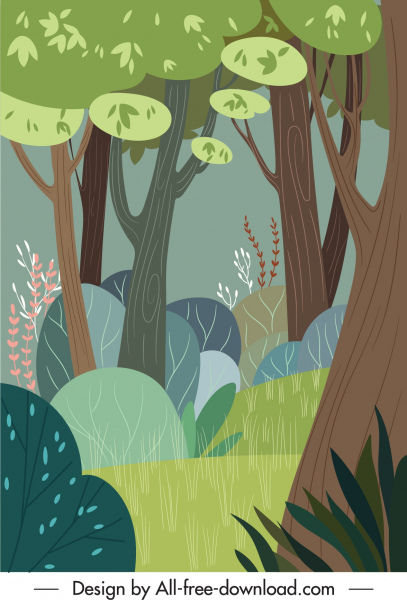 lukisan hutan alami berwarna-warni sketsa datar klasik