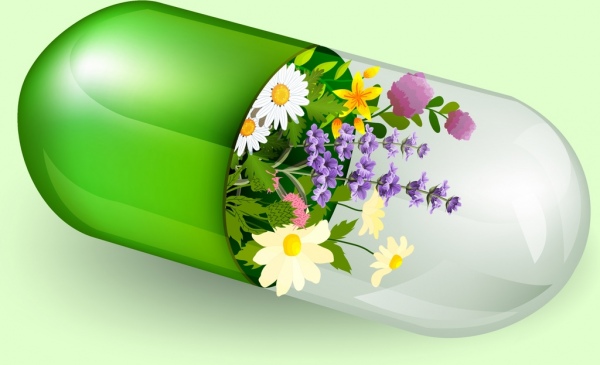 Producto natural a base de hierbas cápsula flores decoracion publicidad 3D brillante