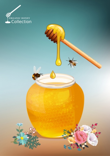 mel natural publicidade jarra abelhas flores ícones decoração