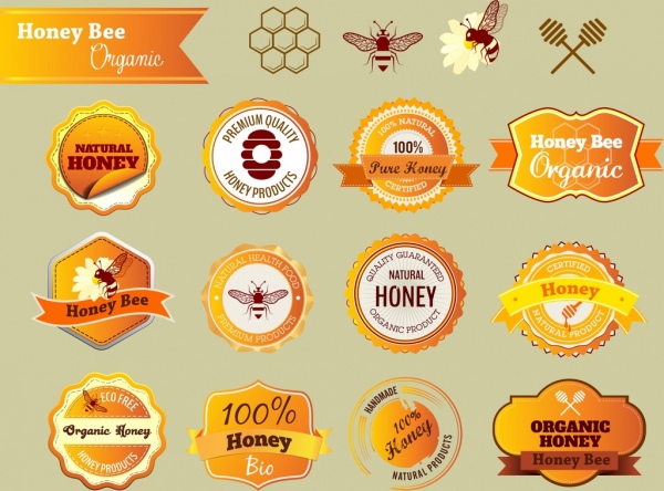 miel naturel badges orange concevoir différentes formes plates
