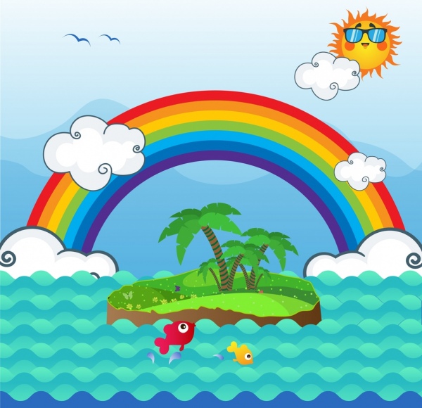 paisagem natural fundo arco-íris ilha sol mar ícones