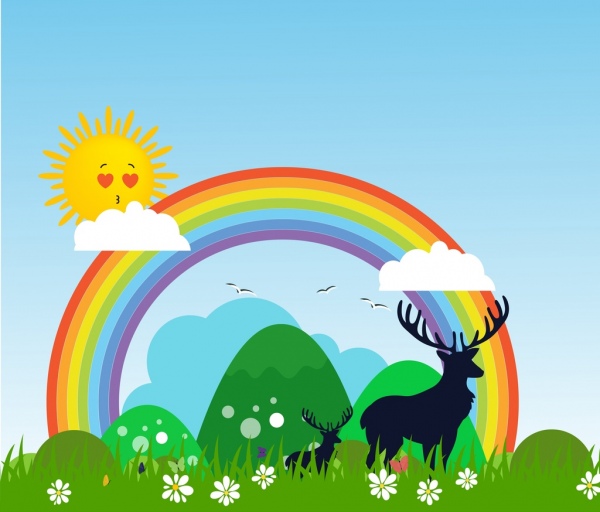 sur fond de paysage naturel rennes silhouette rainbow sun icônes