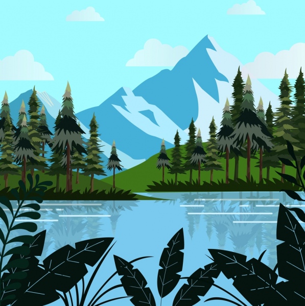 自然景觀的高山湖泊樹木繪畫裝潢