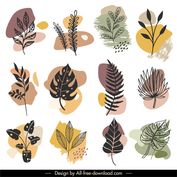 iconos de hojas naturales boceto clásico dibujado a mano