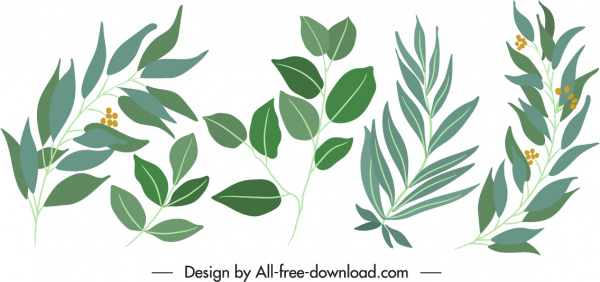 ícones de folha natural verde design clássico desenhado à mão