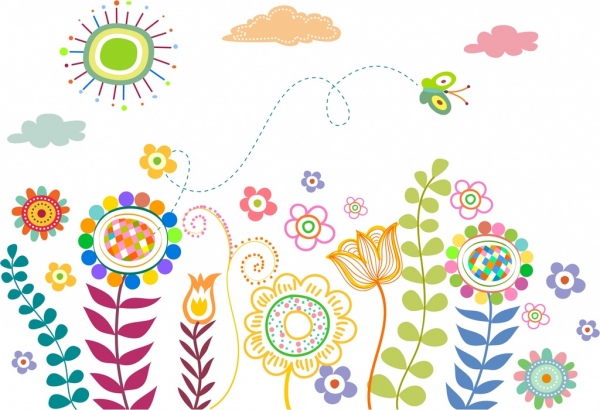 vita naturale disegno multicolore handdrawn fiori farfalla icone