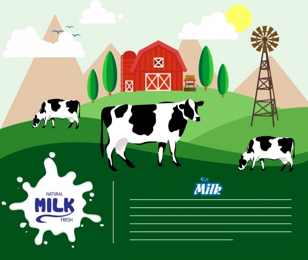 الحليب الطبيعي الإعلان شعار بقرة المزرعة رموز زخرفة