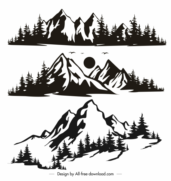natürliche Bergkette Ikonen retro handgezeichnete Skizze
