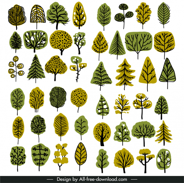 ícones de árvores naturais coleção clássico esboço desenhado à mão