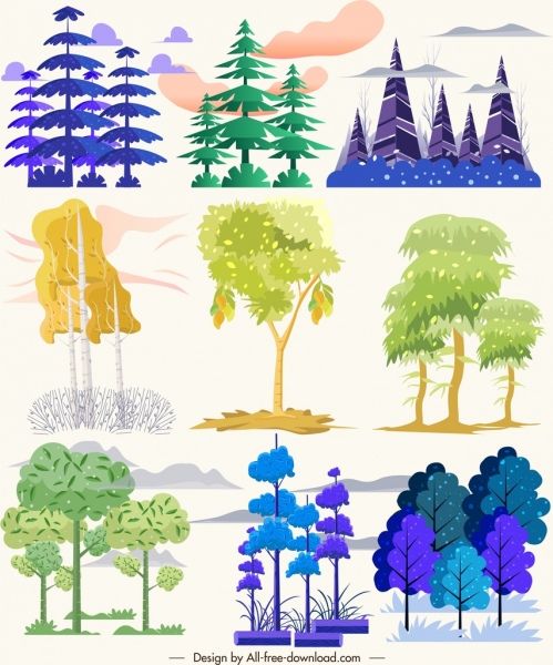 Coleção de ícones de árvores naturais Esboço colorido