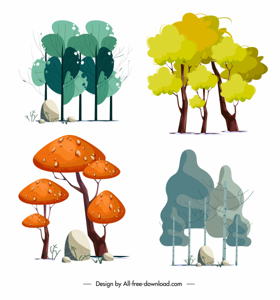 árboles naturales iconos coloreado dibujado a mano bosquejo