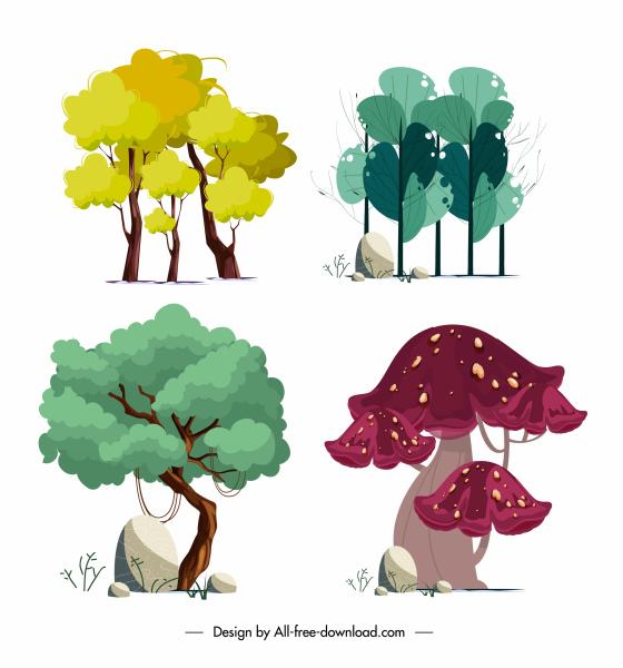 ícones de árvores naturais colorido design clássico desenhado à mão